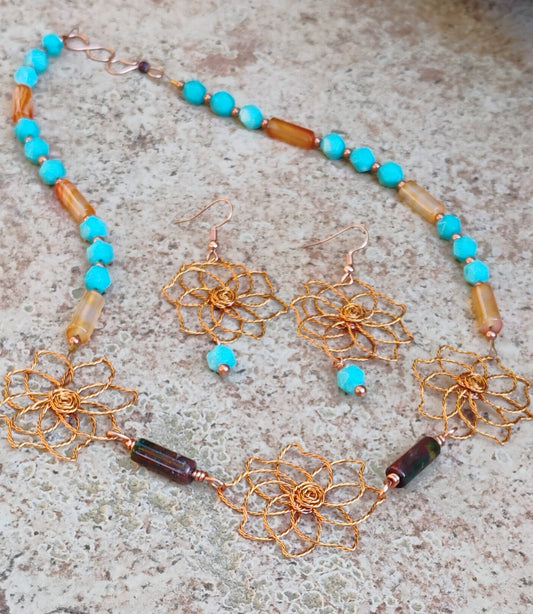 Flower Focal Amazonite and Agate Necklace and Earrings