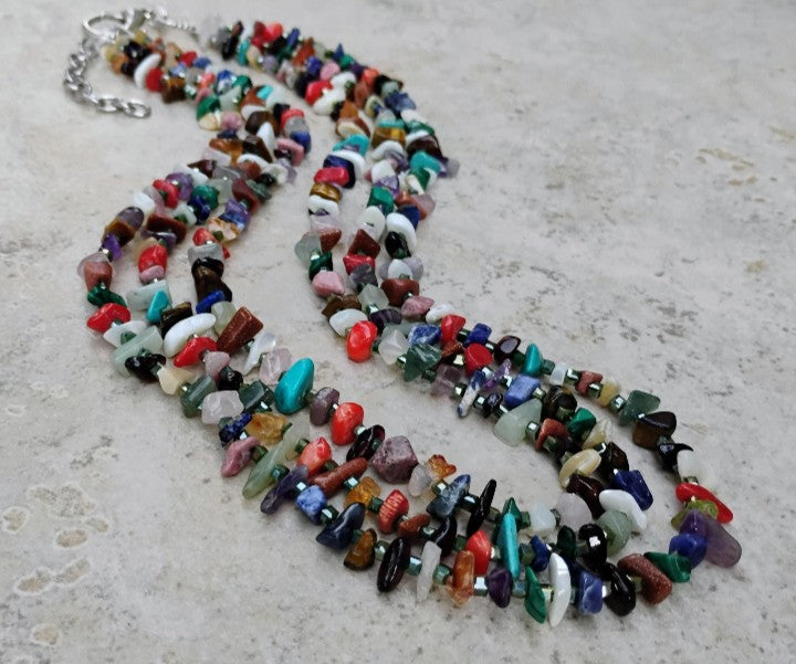 3 Strand Southwest Style Multi Gemstone Chip Necklace