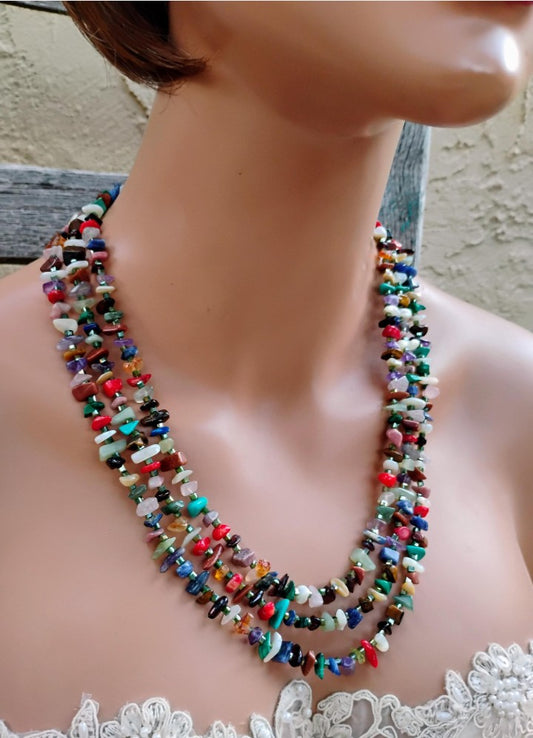 3 Strand Southwest Style Multi Gemstone Chip Necklace