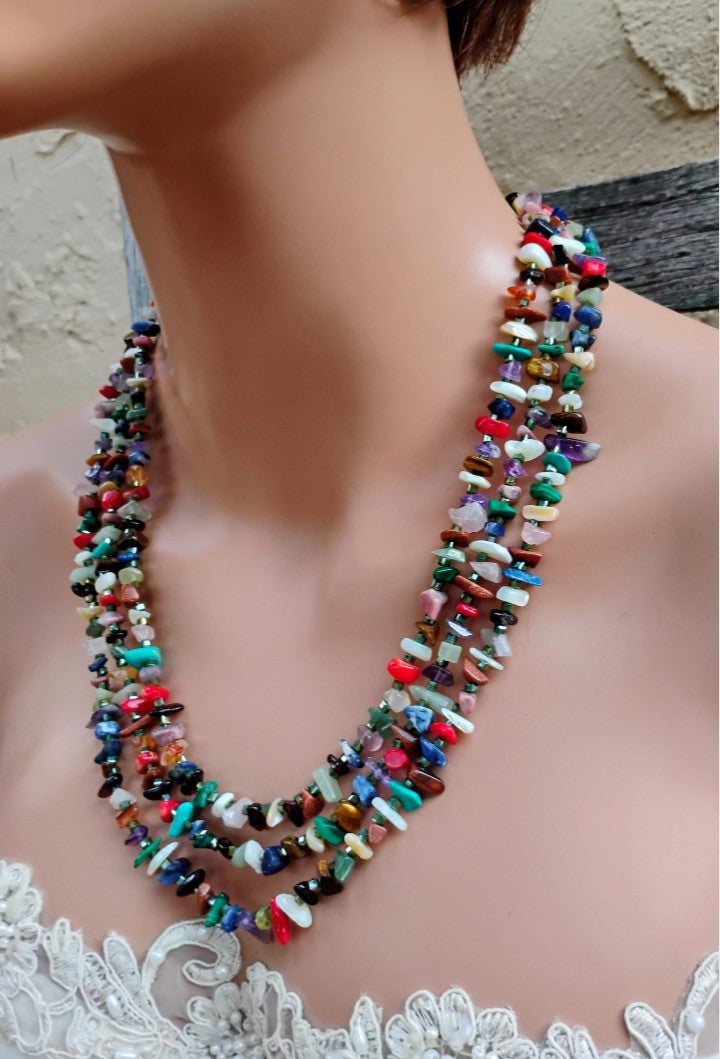 3 Strand Southwest Style Multi Gemstone Chip Necklace
