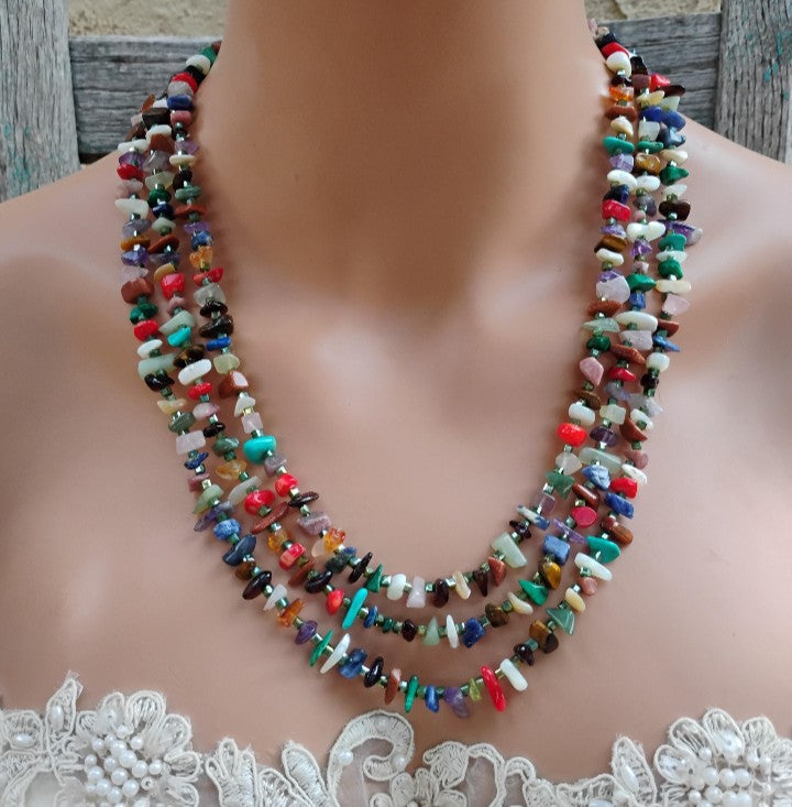 3 Strand Southwest Style Multi Gemstone Chip Necklace