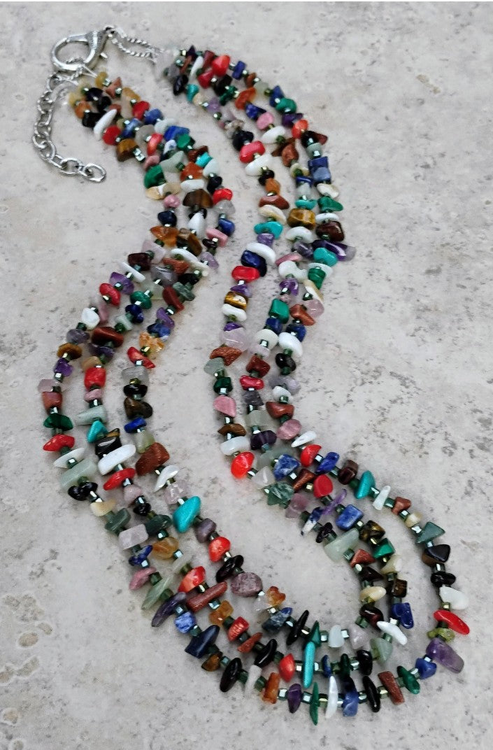 3 Strand Southwest Style Multi Gemstone Chip Necklace