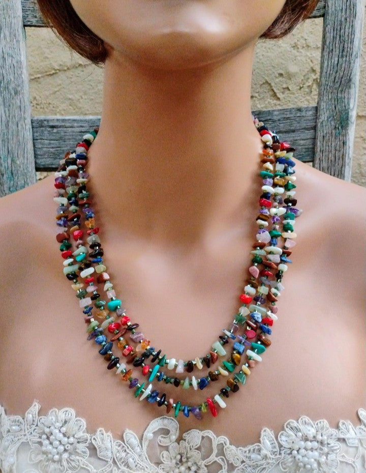 3 Strand Southwest Style Multi Gemstone Chip Necklace