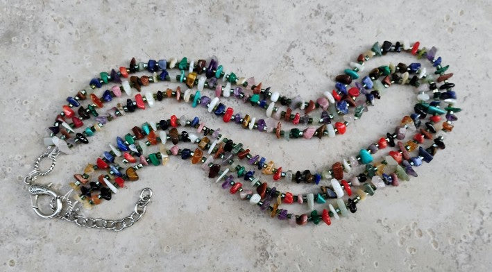 3 Strand Southwest Style Multi Gemstone Chip Necklace